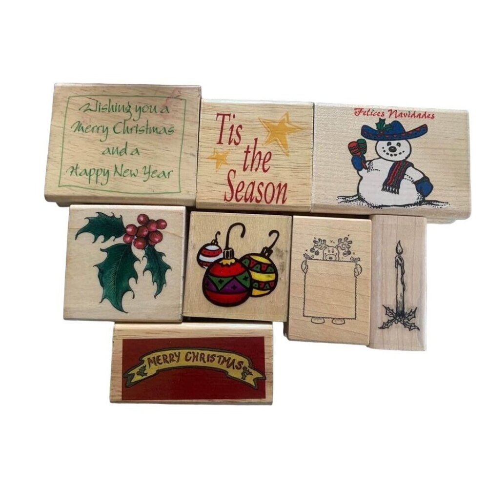 Wood Mounted Rubber Stamp Set Christmas Holiday Theme Snowman Holly Festive Deco